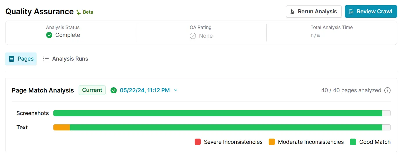 A screenshot of Browsertrix' page match analysis, almost everything is a good match but text matching has a few pages that should be assessed further.