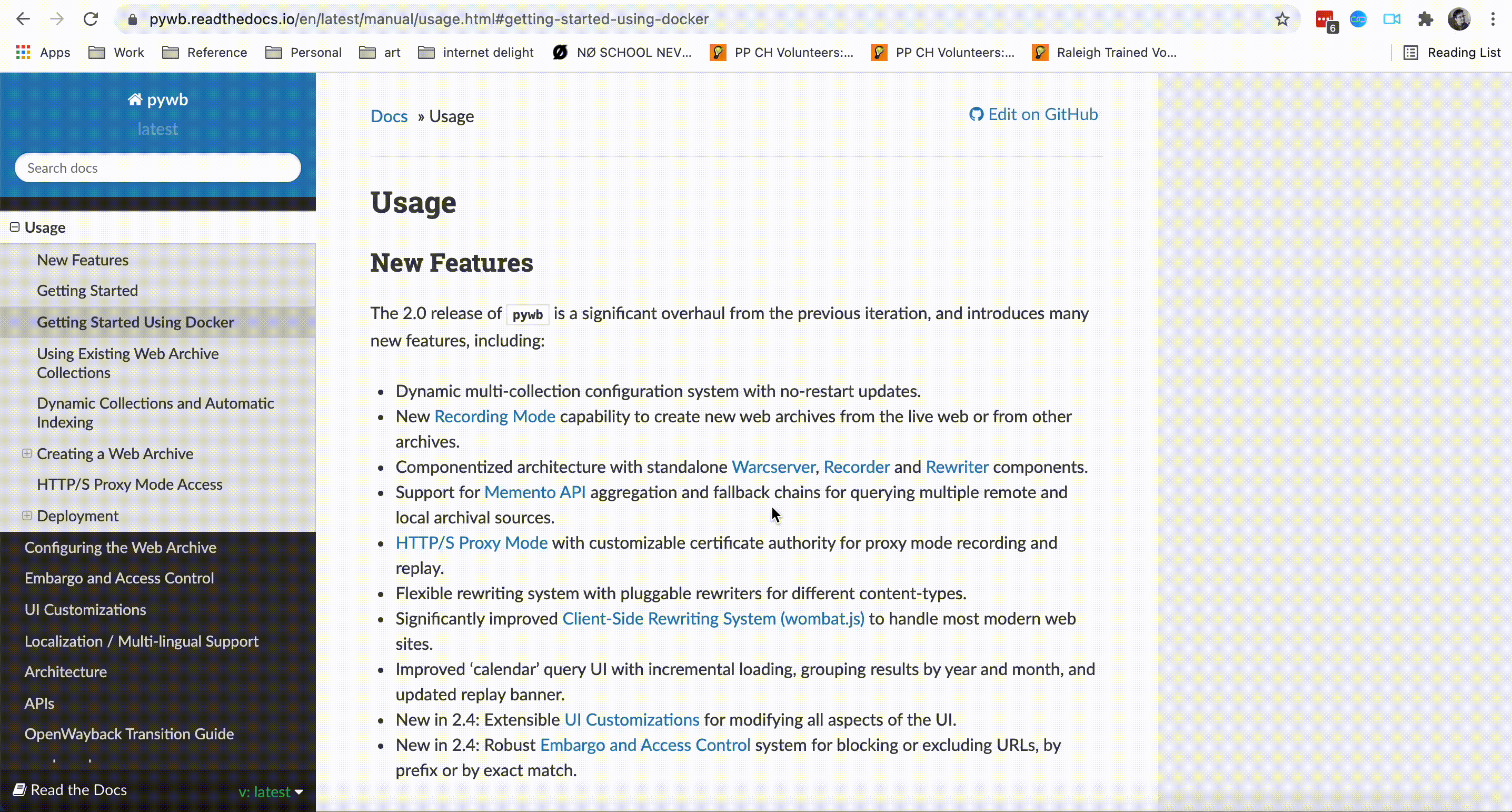 An animated gif of a user scrolling PYWB's documentation